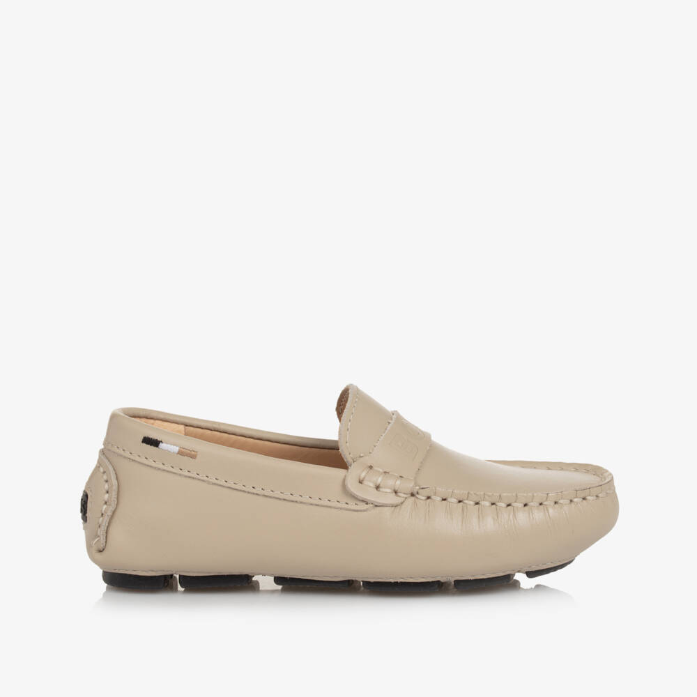 BOSS-Boys Taupe Leather Loafers | Childrensalon Outlet