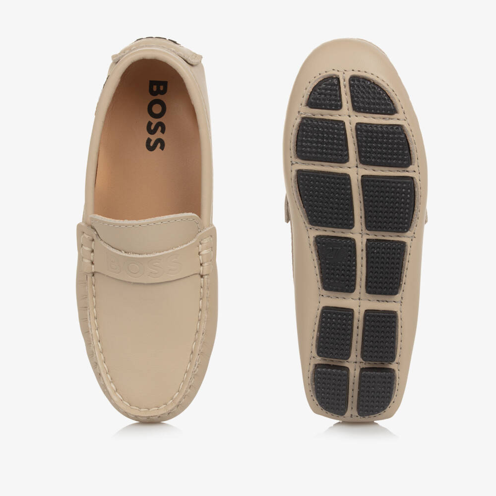 BOSS-Boys Taupe Leather Loafers | Childrensalon Outlet