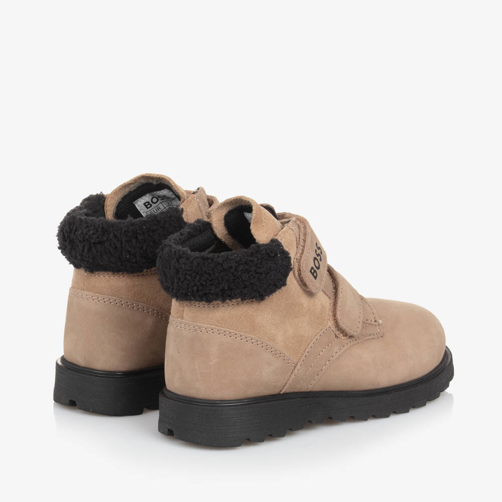 BOSS-Boys Taupe Leather Velcro Boots | Childrensalon Outlet