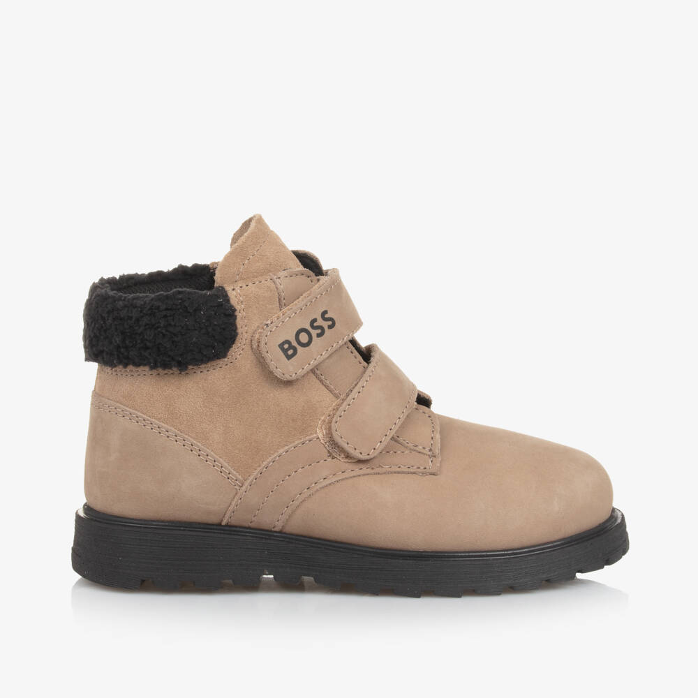 BOSS-Boys Taupe Leather Velcro Boots | Childrensalon Outlet