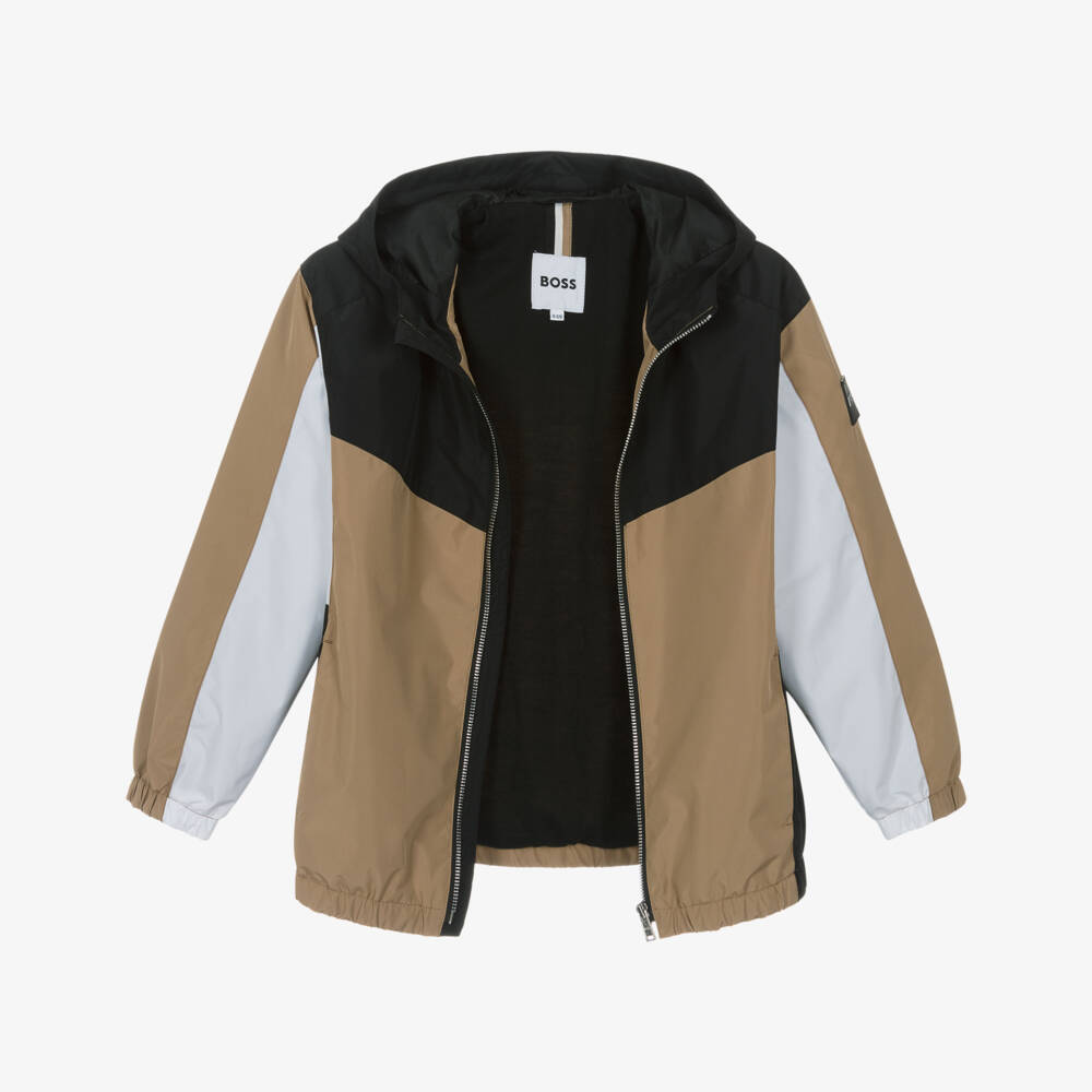 BOSS-جاكيت بغطاء رأس بيج وأسود للأولاد | Childrensalon Outlet