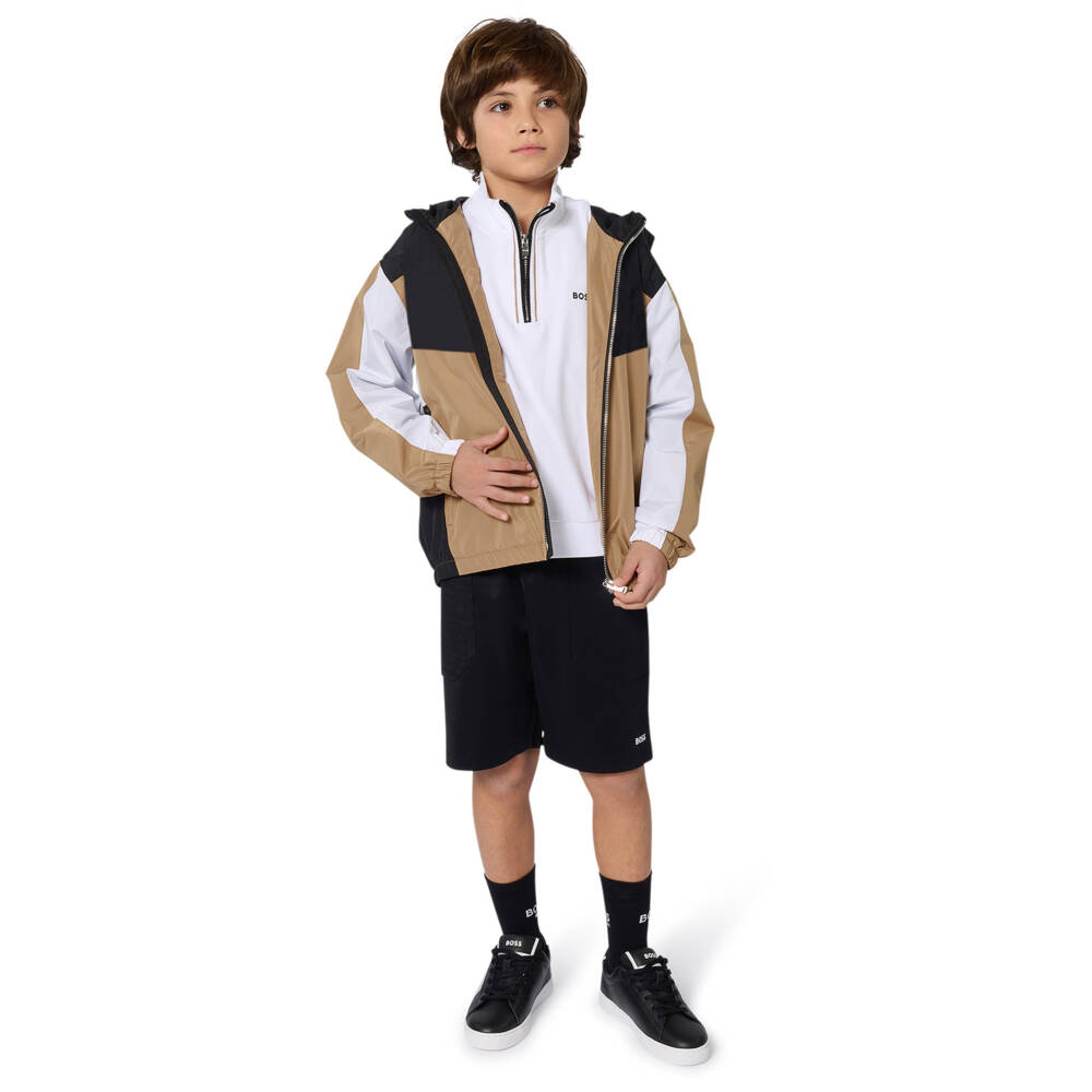 BOSS-جاكيت بغطاء رأس بيج وأسود للأولاد | Childrensalon Outlet