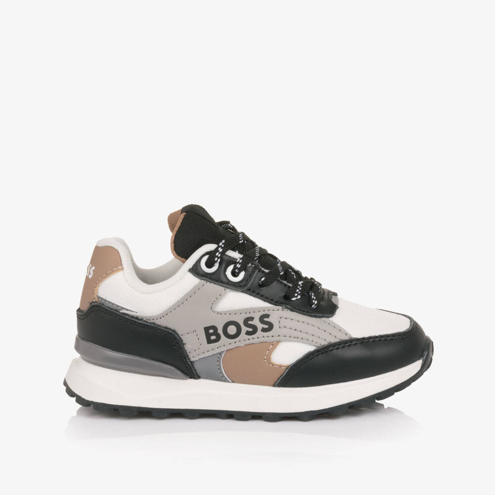 BOSS-Boys Tricolour Leather & Mesh Logo Trainers | Childrensalon Outlet