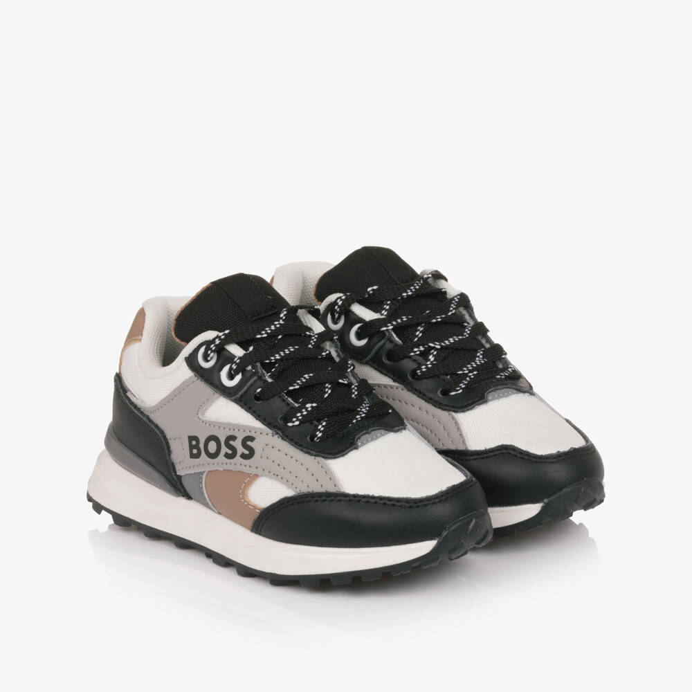 BOSS-Boys Tricolour Leather & Mesh Logo Trainers | Childrensalon Outlet