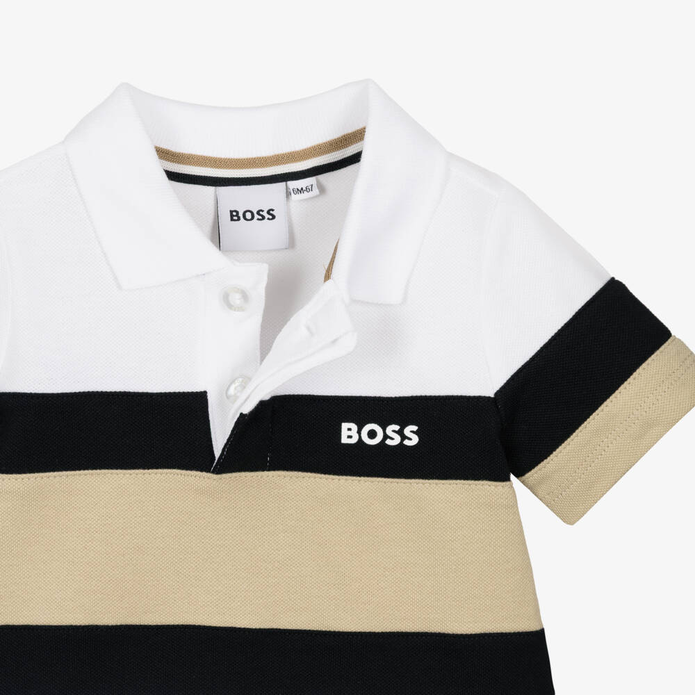 BOSS-Boys White & Beige Colourblock Piqué Polo Shirt | Childrensalon Outlet