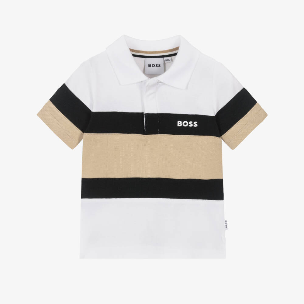 BOSS-Boys White & Beige Colourblock Piqué Polo Shirt | Childrensalon Outlet