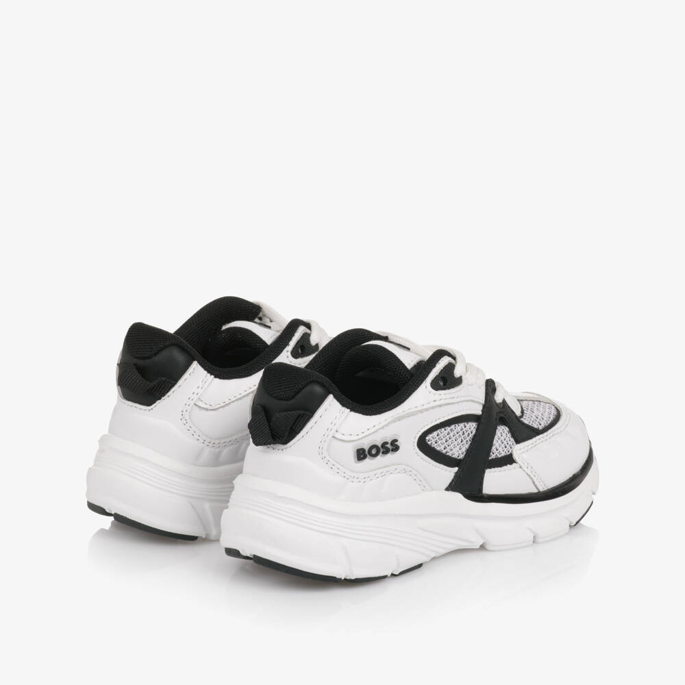 BOSS-Boys White & Black Leather Lace-Up Trainers with Mesh Trim | Childrensalon Outlet