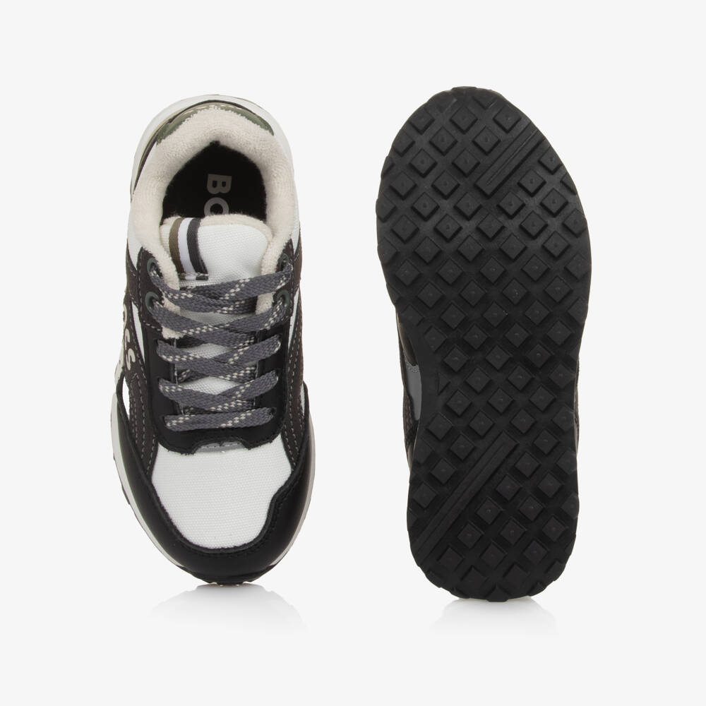 BOSS-Boys White & Black Leather Trim Lace-Up Trainers | Childrensalon Outlet