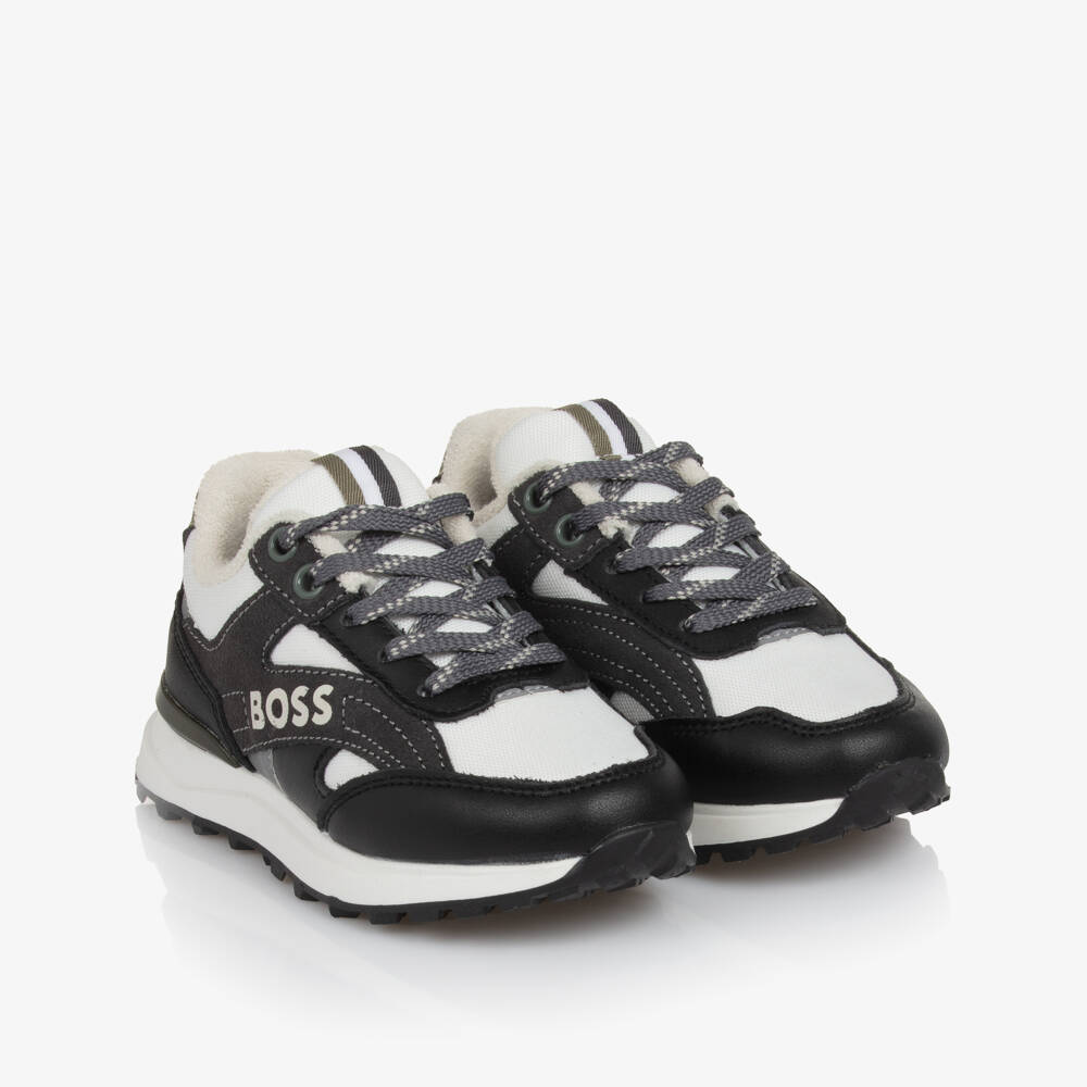 BOSS-Boys White & Black Leather Trim Lace-Up Trainers | Childrensalon Outlet