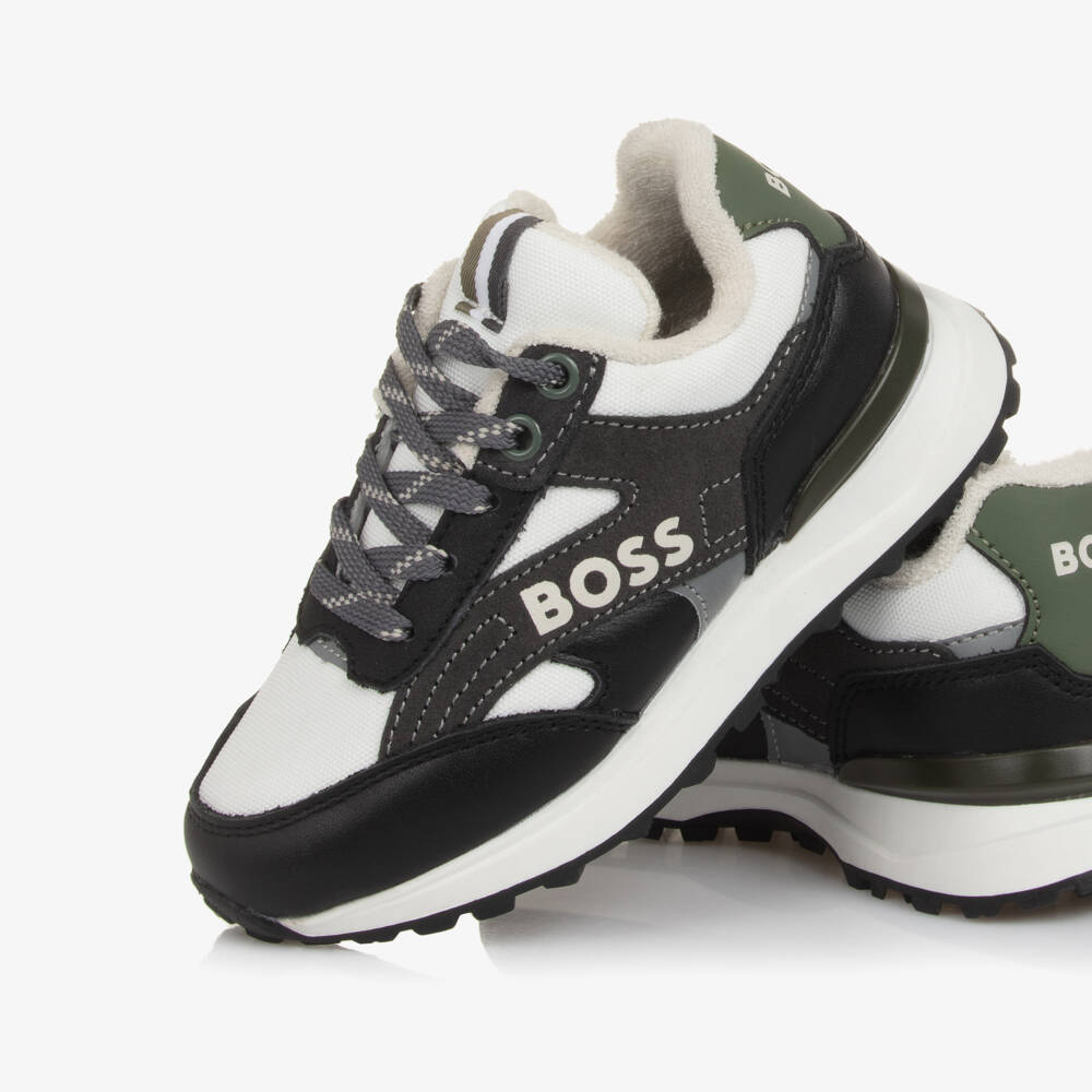 BOSS-Boys White & Black Leather Trim Lace-Up Trainers | Childrensalon Outlet