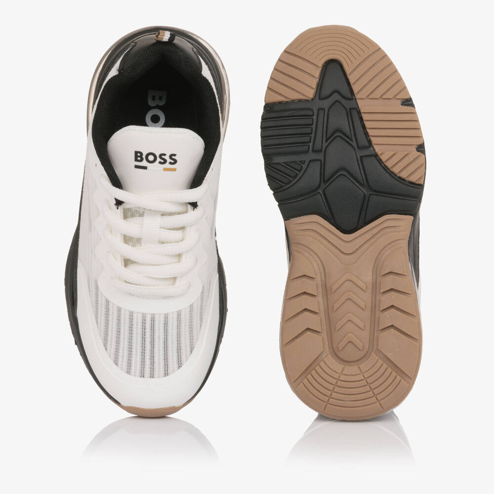 BOSS-Boys White & Black Logo Mesh Trainers | Childrensalon Outlet