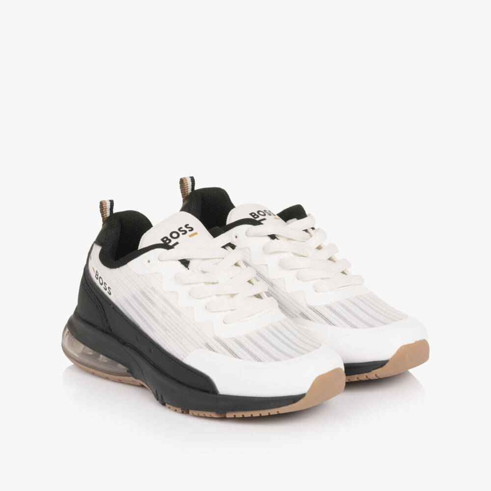 BOSS-Boys White & Black Logo Mesh Trainers | Childrensalon Outlet