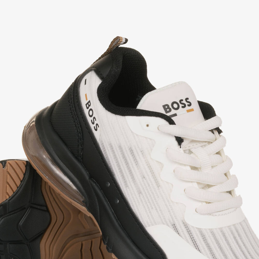 BOSS-Boys White & Black Logo Mesh Trainers | Childrensalon Outlet