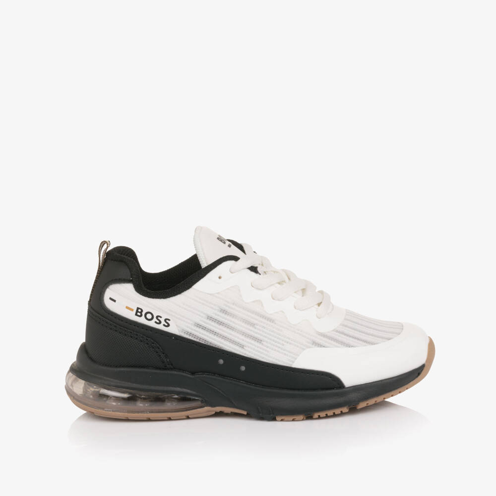 BOSS-Boys White & Black Logo Mesh Trainers | Childrensalon Outlet
