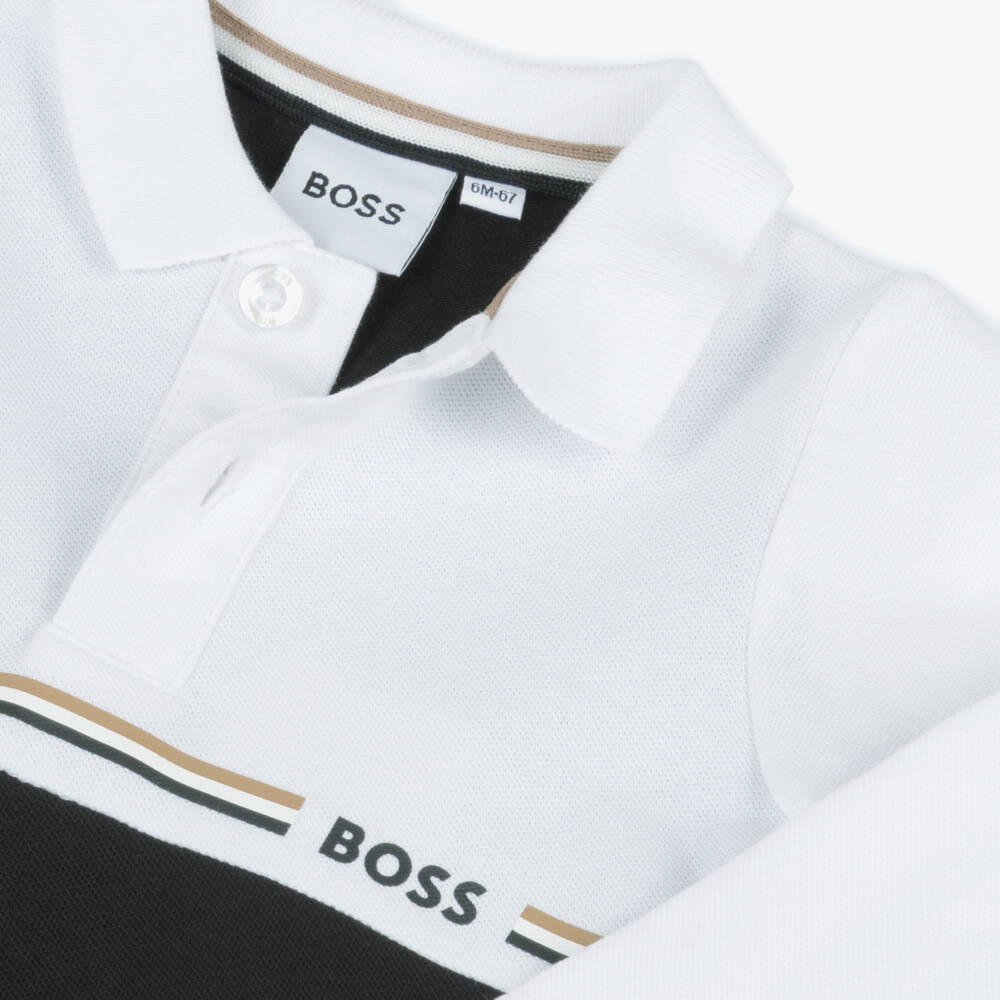 BOSS-Boys White & Black Piqué Long-Sleeved Polo Shirt | Childrensalon Outlet