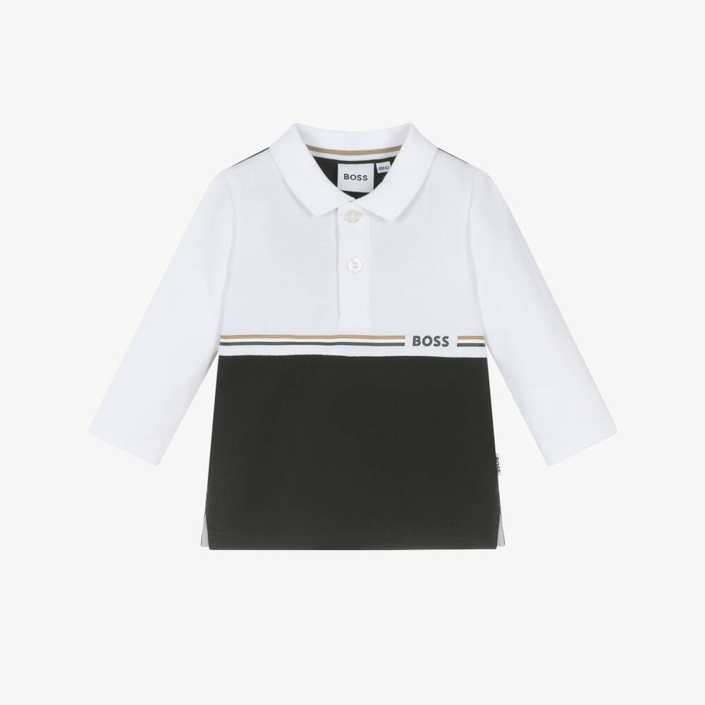 BOSS-Boys White & Black Piqué Long-Sleeved Polo Shirt | Childrensalon Outlet