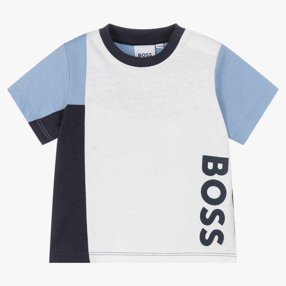 BOSS - Boys White & Blue Colour Block T-Shirt | Childrensalon