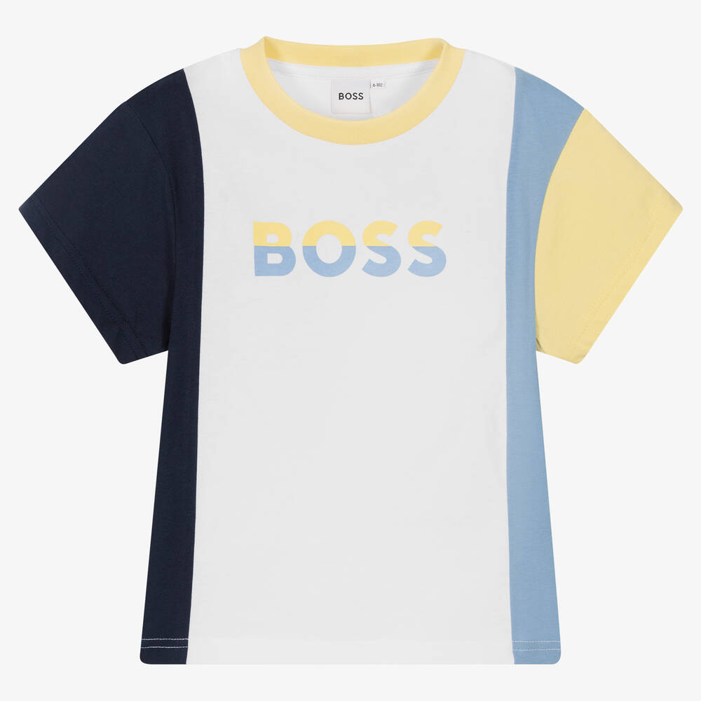 BOSS - Boys White & Blue Cotton Logo T-Shirt | Childrensalon