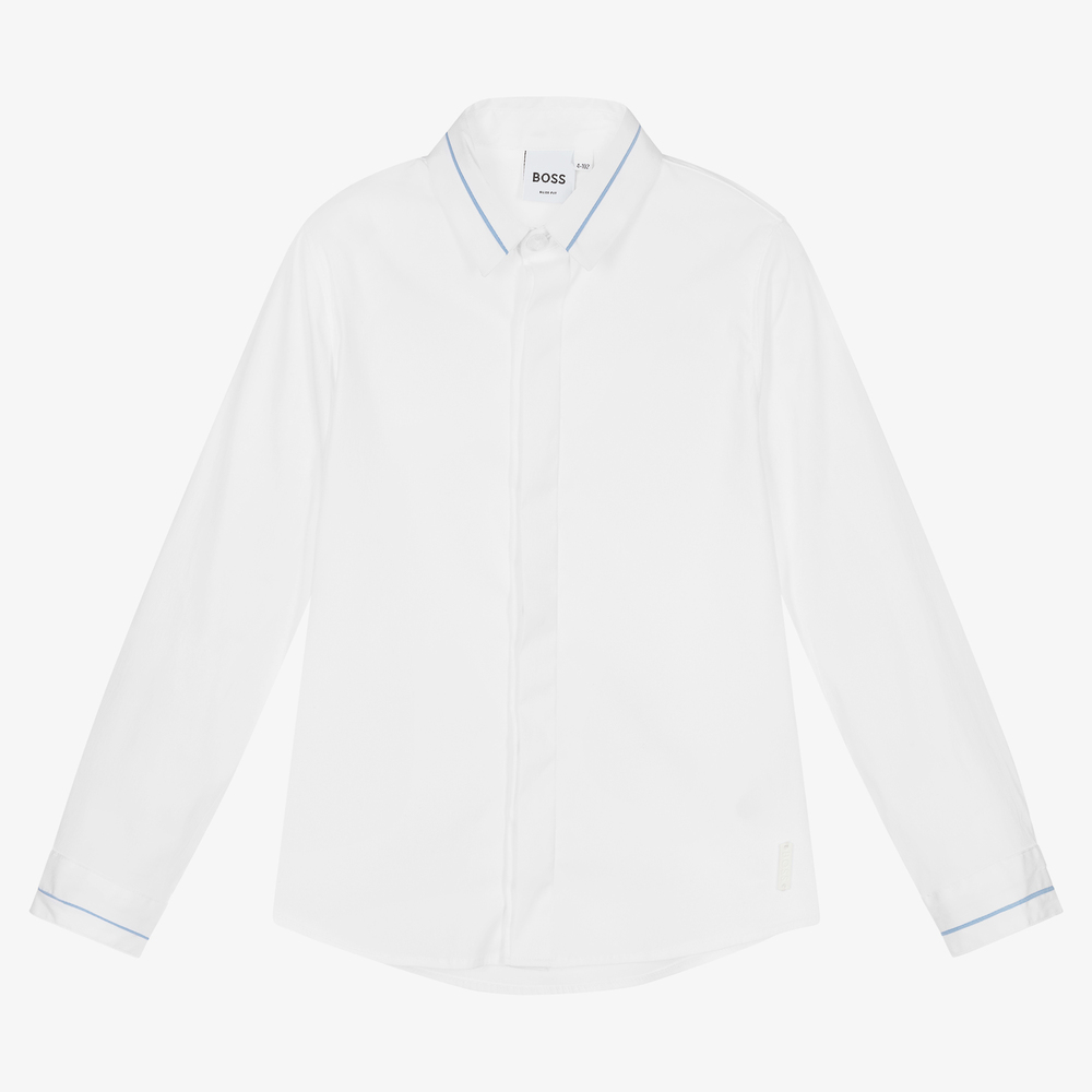 BOSS - Boys White & Blue Cotton Shirt | Childrensalon