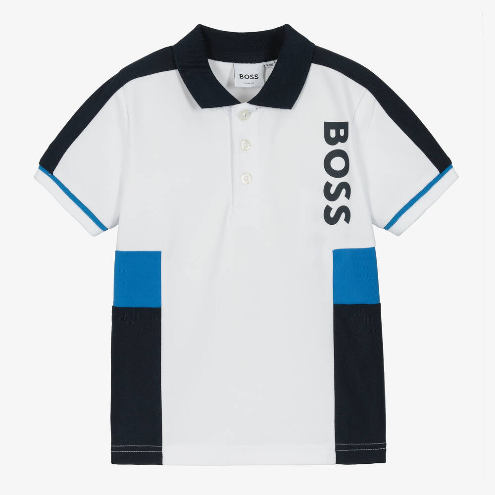 BOSS - Boys White & Blue Polo Shirt | Childrensalon