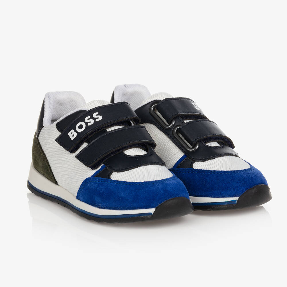 BOSS - Boys White & Blue Velcro Trainers | Childrensalon