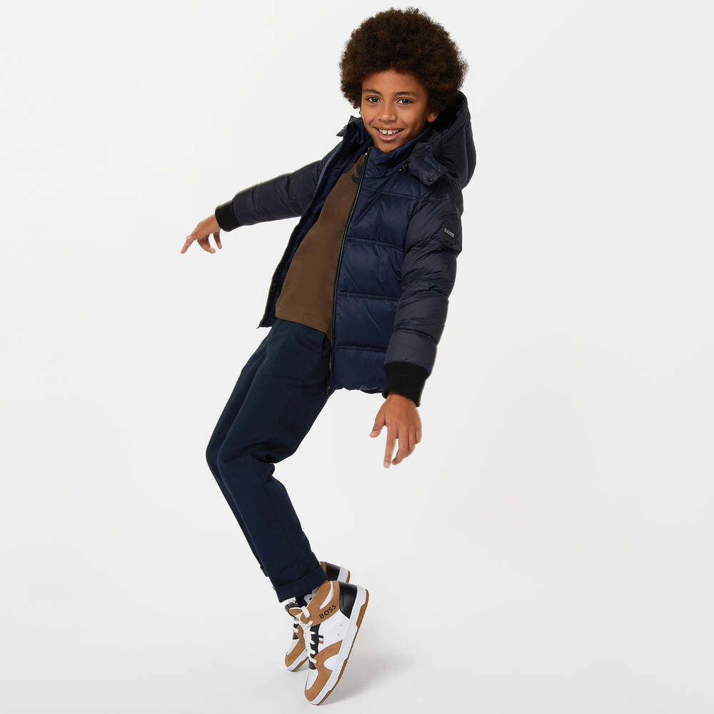 BOSS-Boys White & Brown High Top Trainers | Childrensalon Outlet