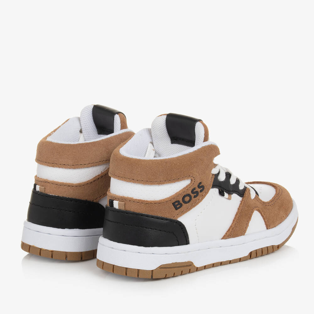 BOSS-Boys White & Brown High Top Trainers | Childrensalon Outlet