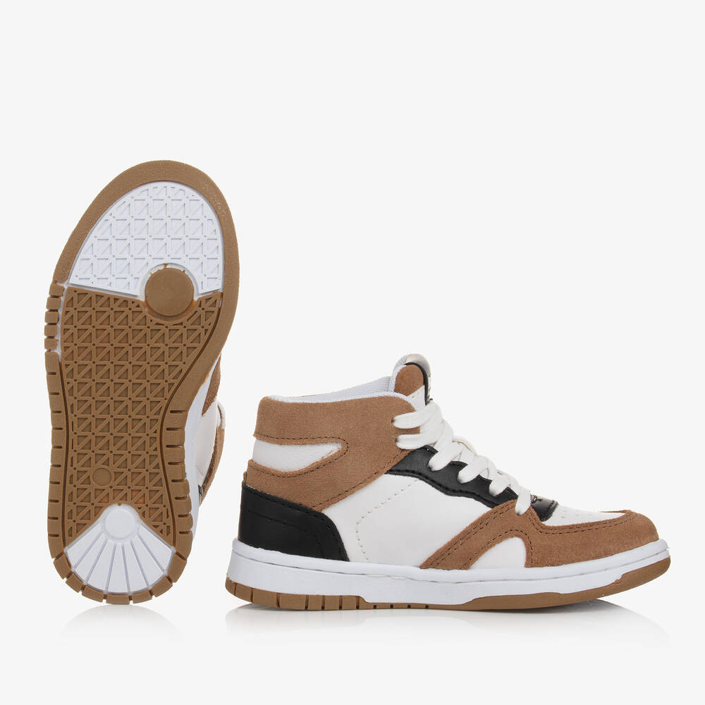 BOSS-Boys White & Brown High Top Trainers | Childrensalon Outlet