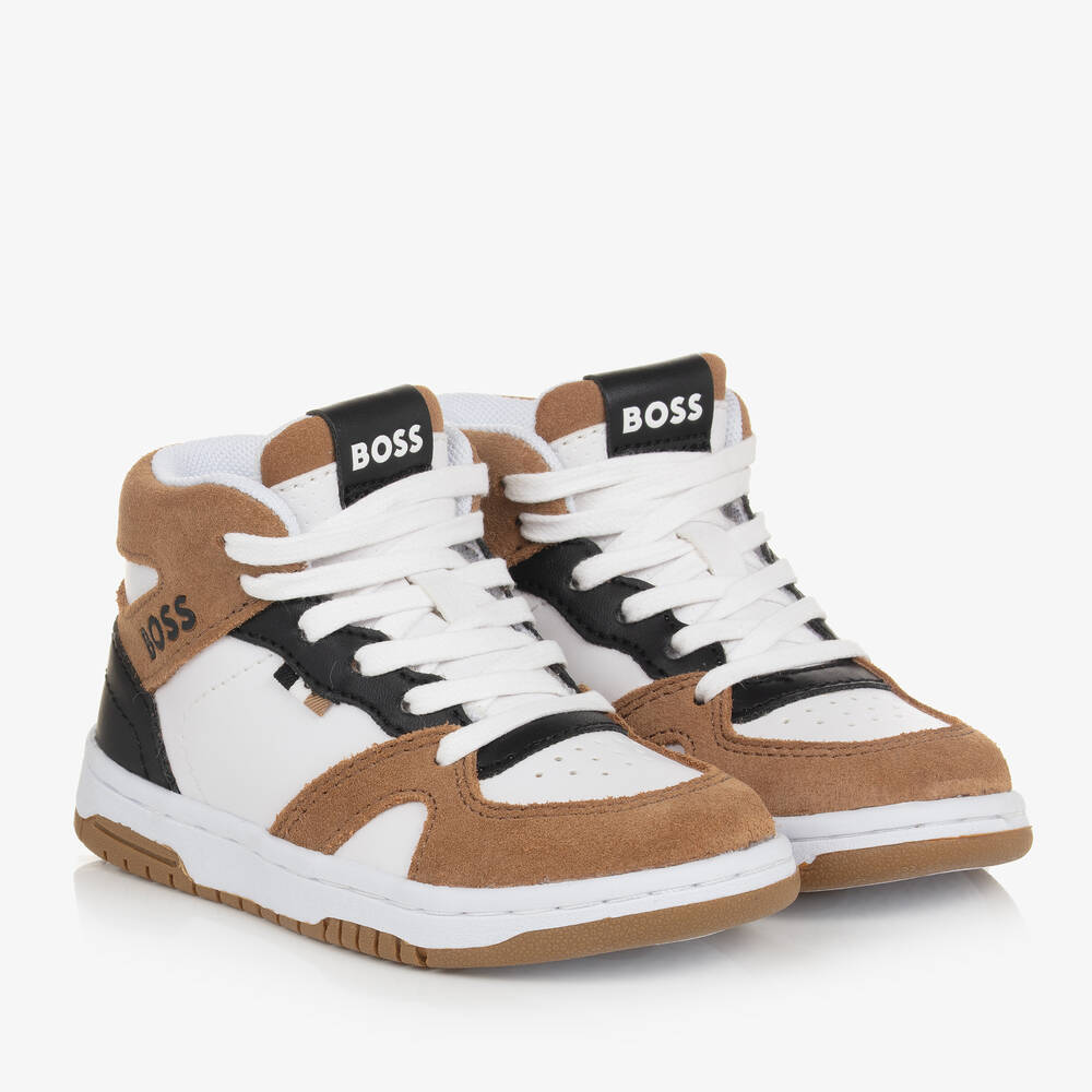 BOSS - Boys White & Brown High Top Trainers | Childrensalon