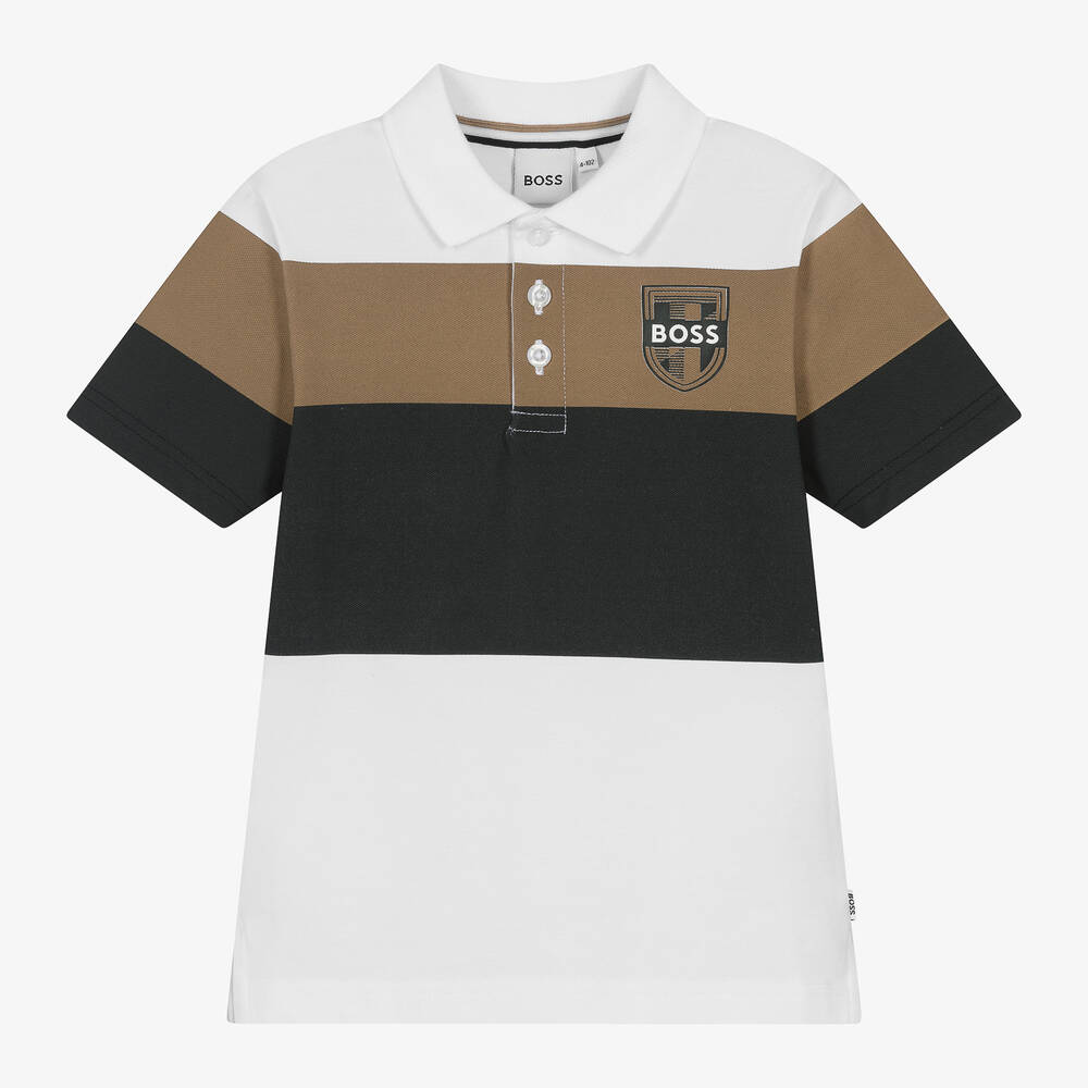Boys White Colourblock Cotton Polo Shirt