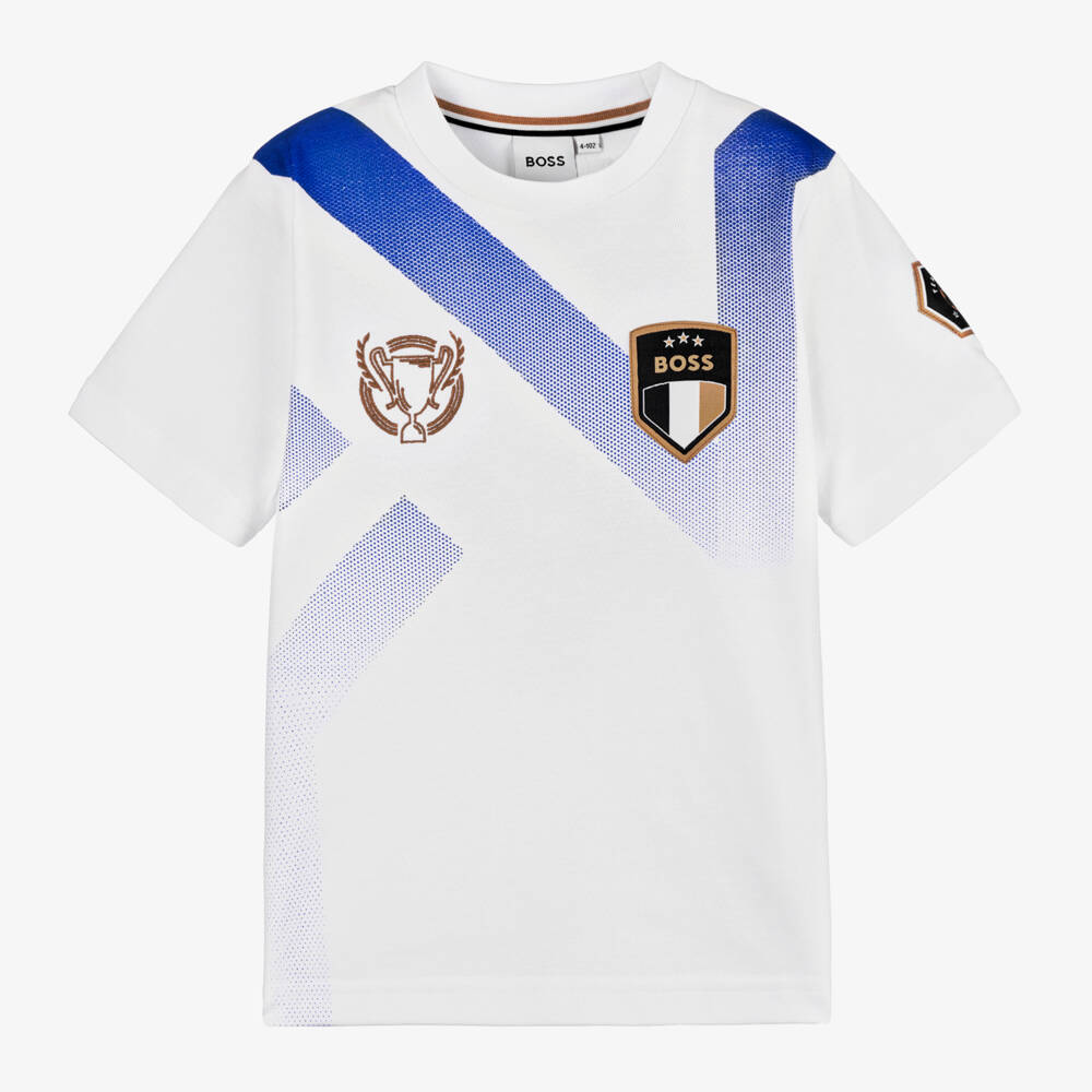 BOSS-Boys White Cotton Football T-Shirt | Childrensalon Outlet