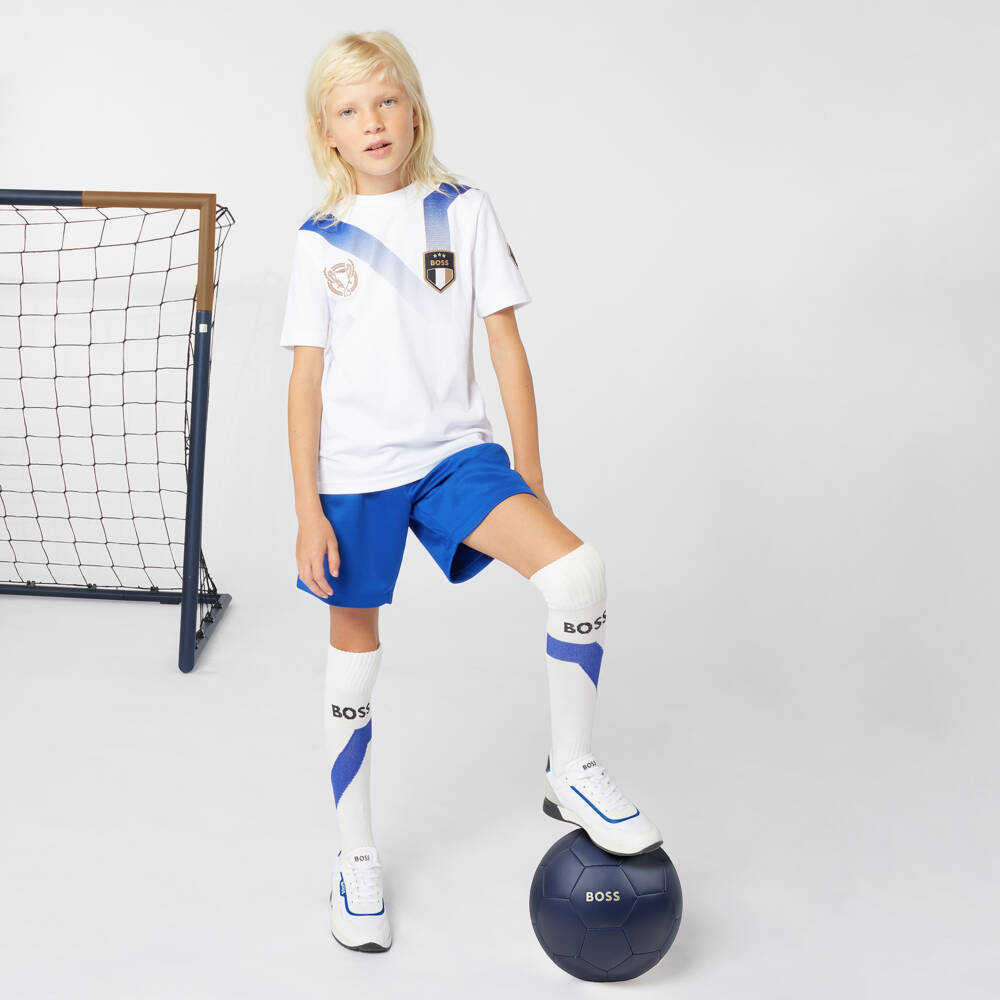 BOSS-Boys White Cotton Football T-Shirt | Childrensalon Outlet