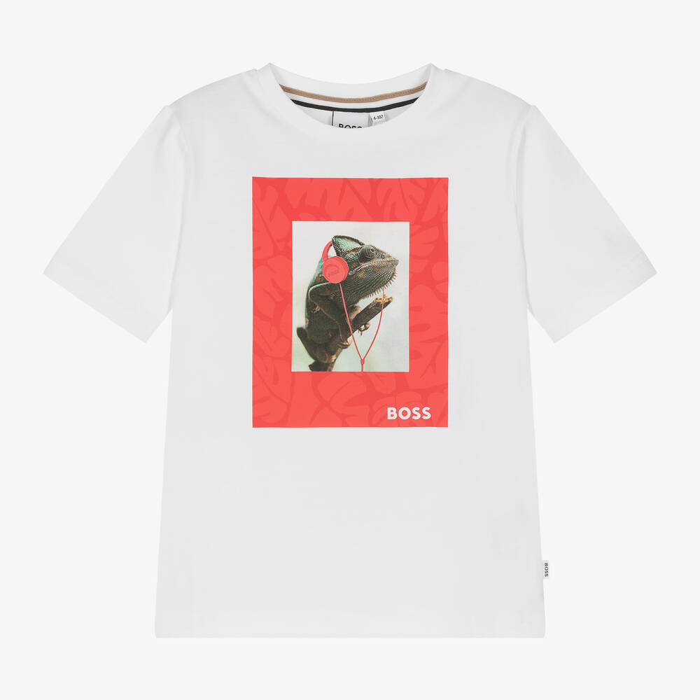 BOSS-Boys White Cotton Graphic T-Shirt | Childrensalon Outlet