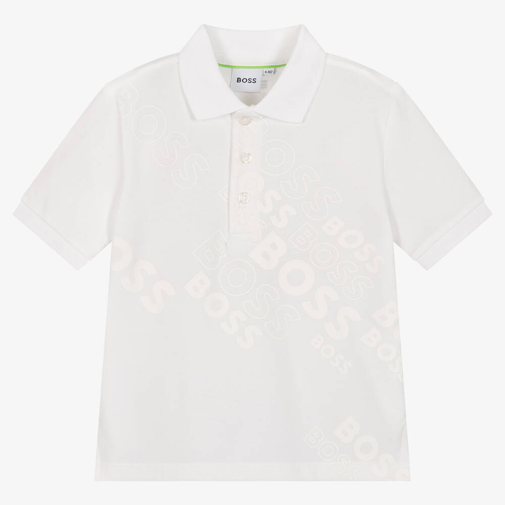 BOSS - Boys White Cotton Logo Polo Shirt | Childrensalon