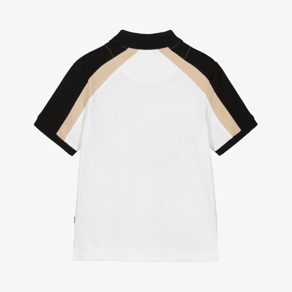 BOSS-Boys White Cotton Logo Polo Shirt with Colourblock Shoulders | Childrensalon Outlet