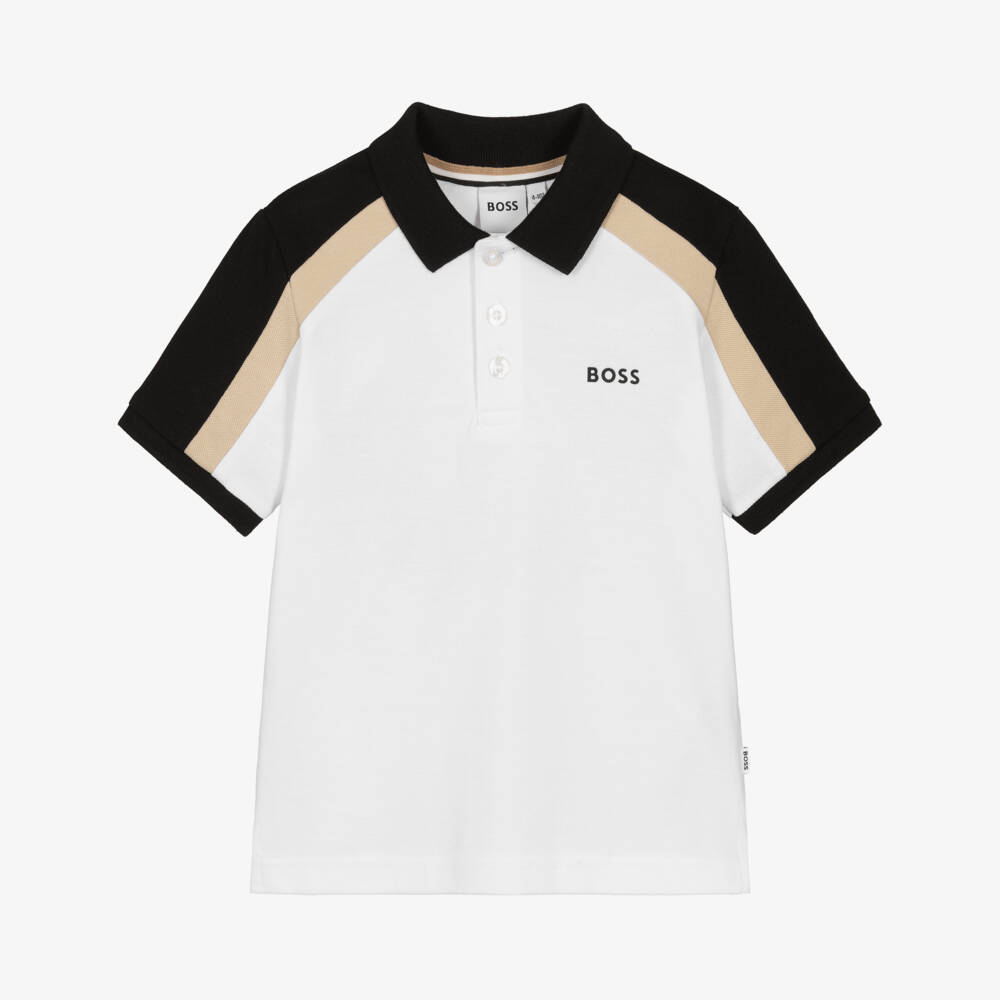 BOSS-Boys White Cotton Logo Polo Shirt with Colourblock Shoulders | Childrensalon Outlet