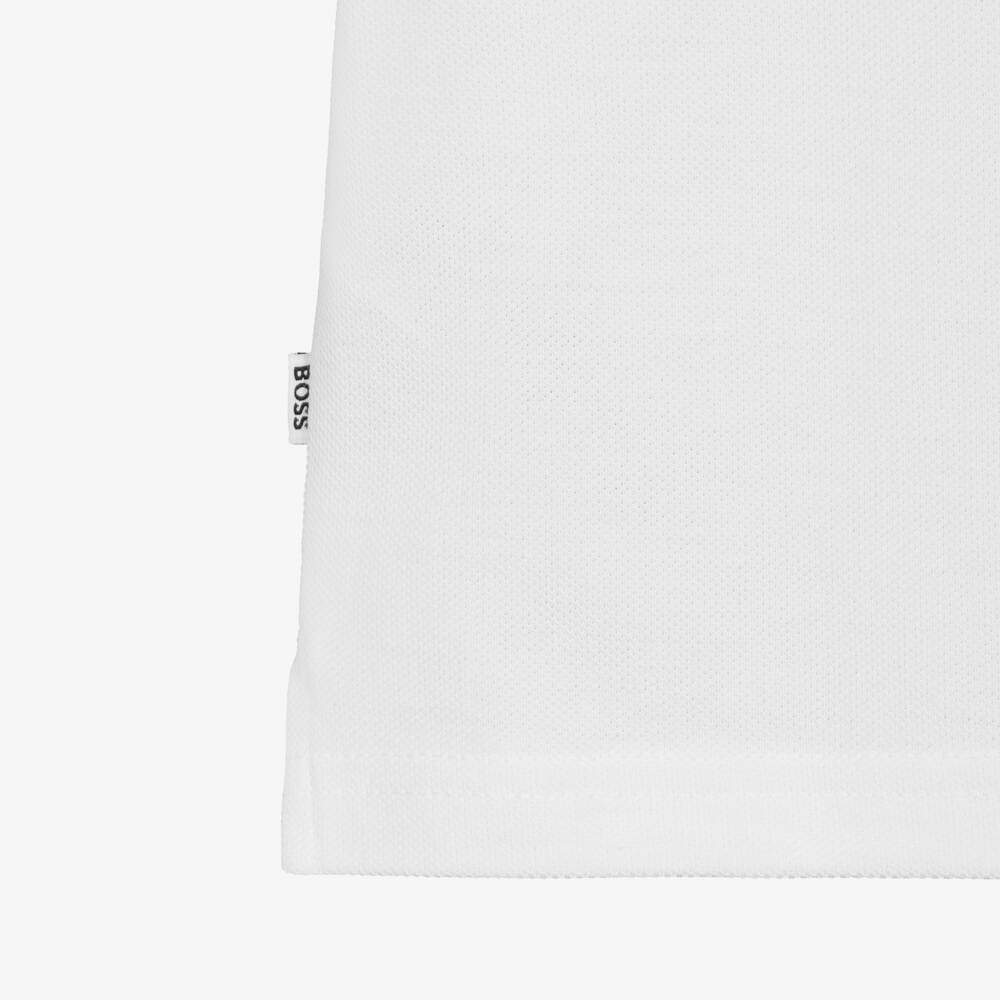 BOSS-Boys White Cotton Logo Polo Shirt with Colourblock Shoulders | Childrensalon Outlet