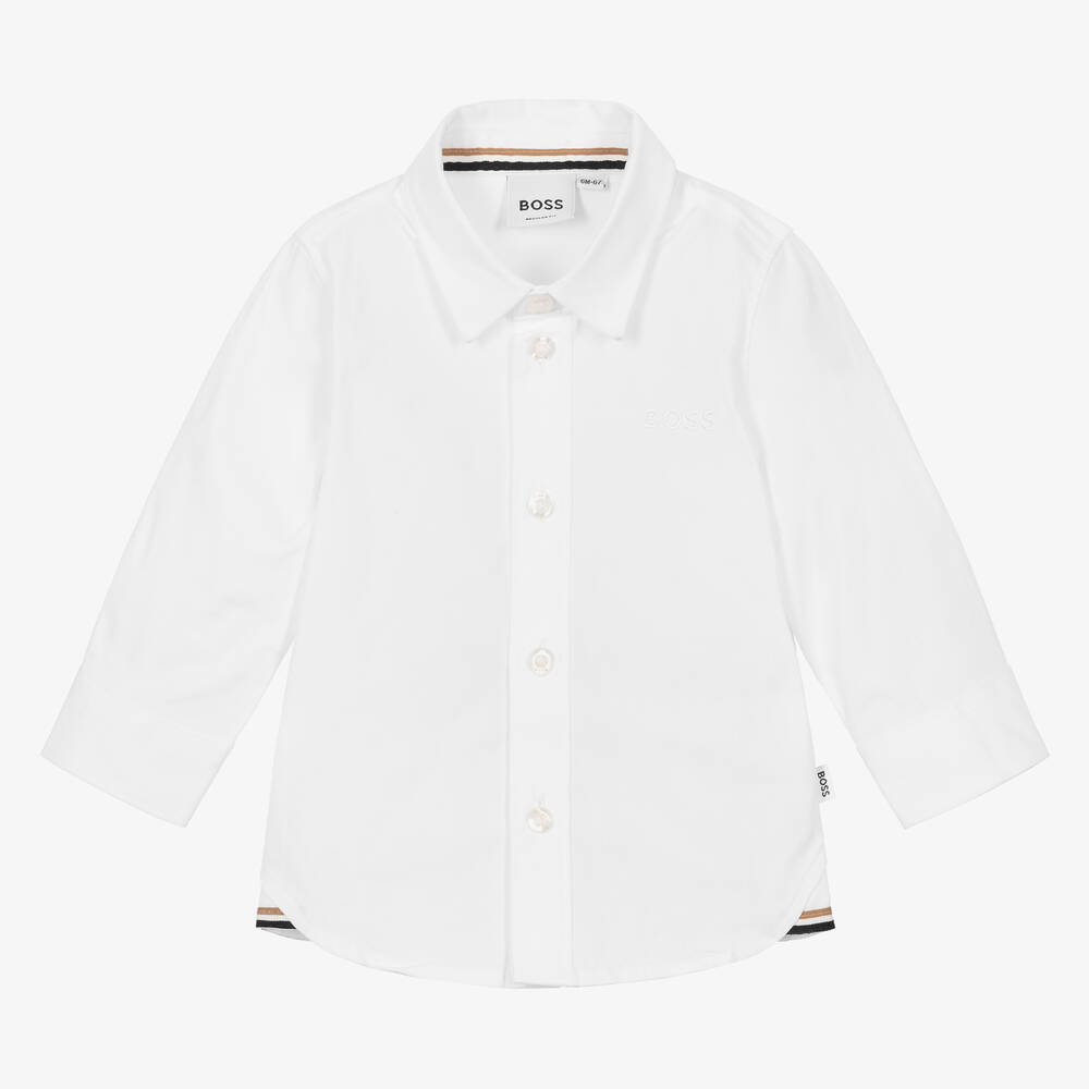 BOSS - قميص أطفال ولادي قطن بوبلين لون أبيض | Childrensalon