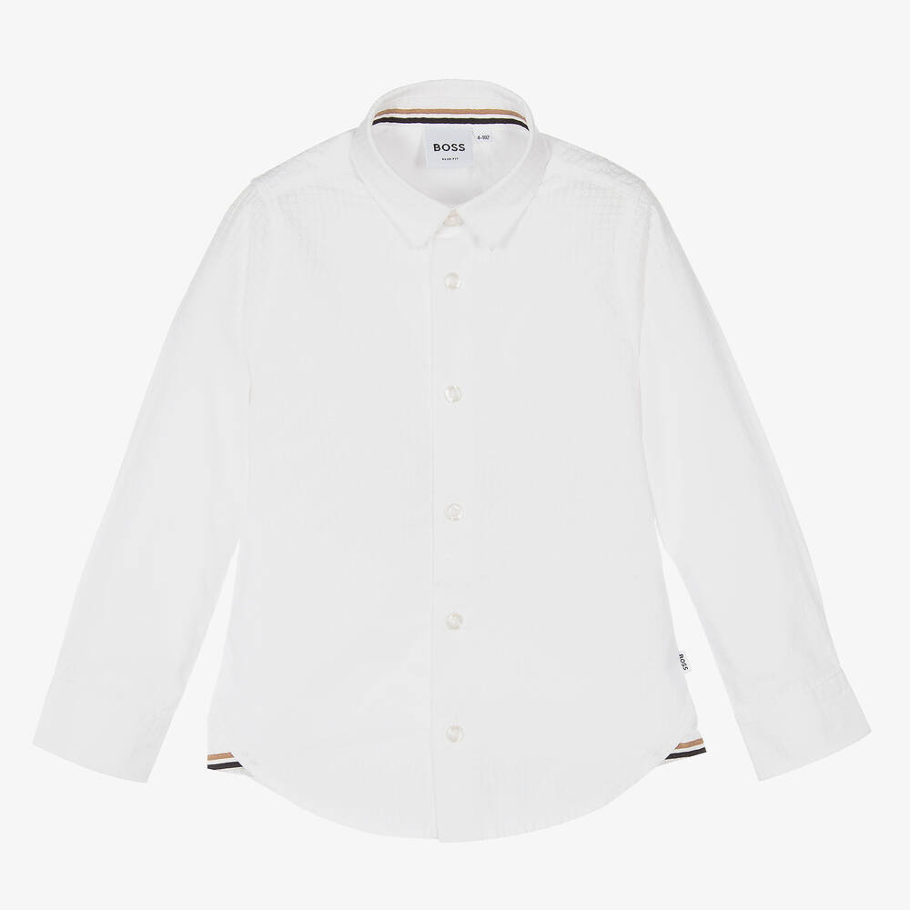 BOSS - قميص سليم-فيت قطن بوبلين لون أبيض للأولاد | Childrensalon