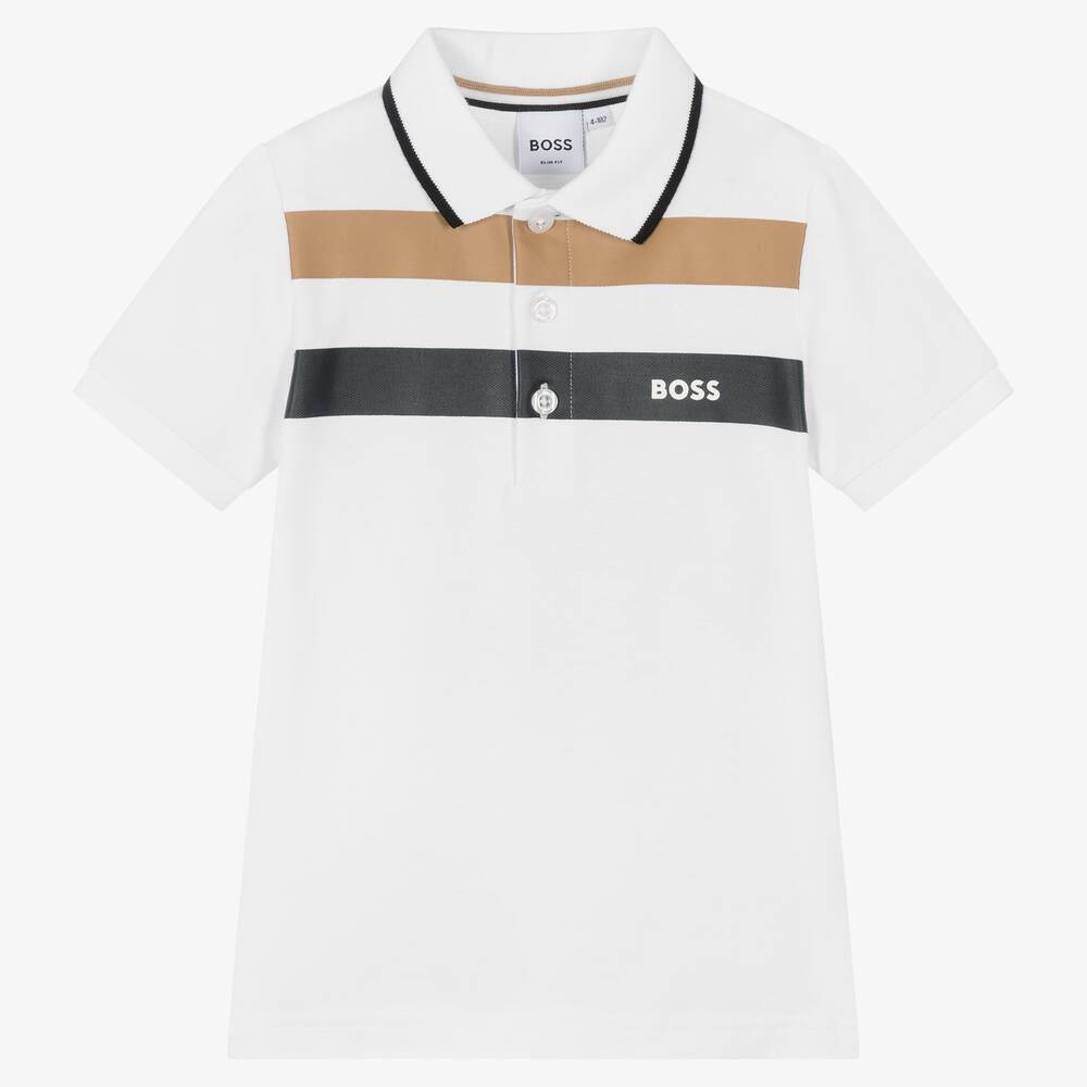 BOSS - Boys White Cotton Logo Stripe Polo Shirt | Childrensalon