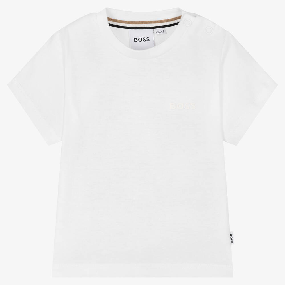 BOSS - Boys White Cotton Logo T-Shirt | Childrensalon