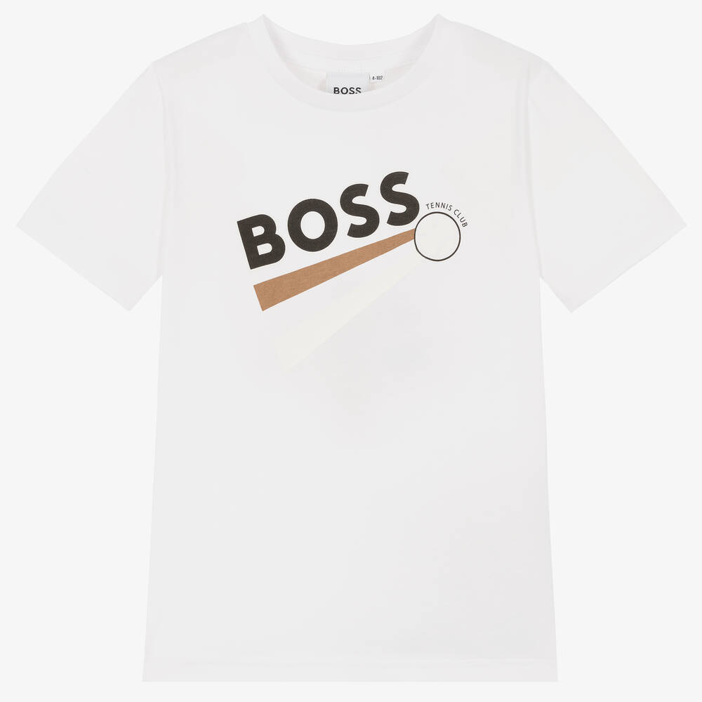 BOSS - Boys White Cotton Logo T-Shirt | Childrensalon