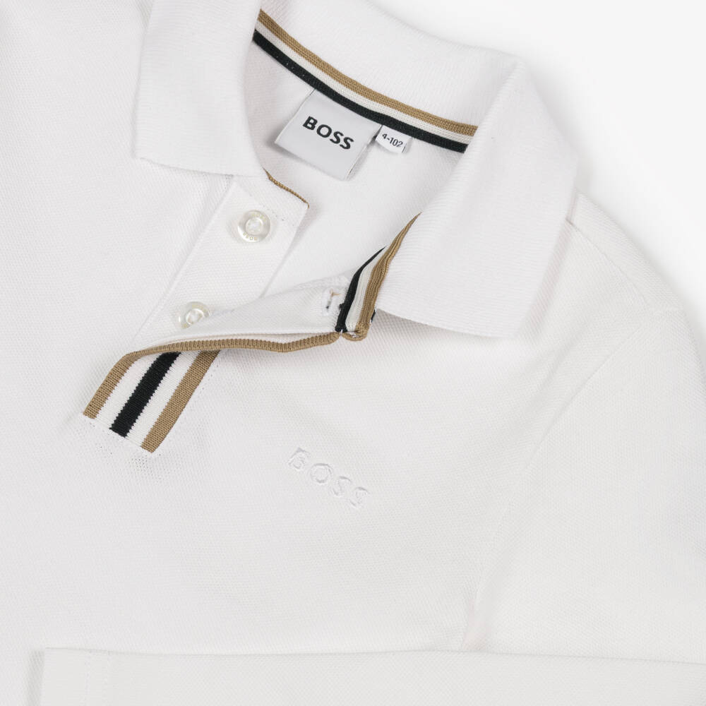 BOSS-Boys White Cotton Long-Sleeved Polo Shirt | Childrensalon Outlet