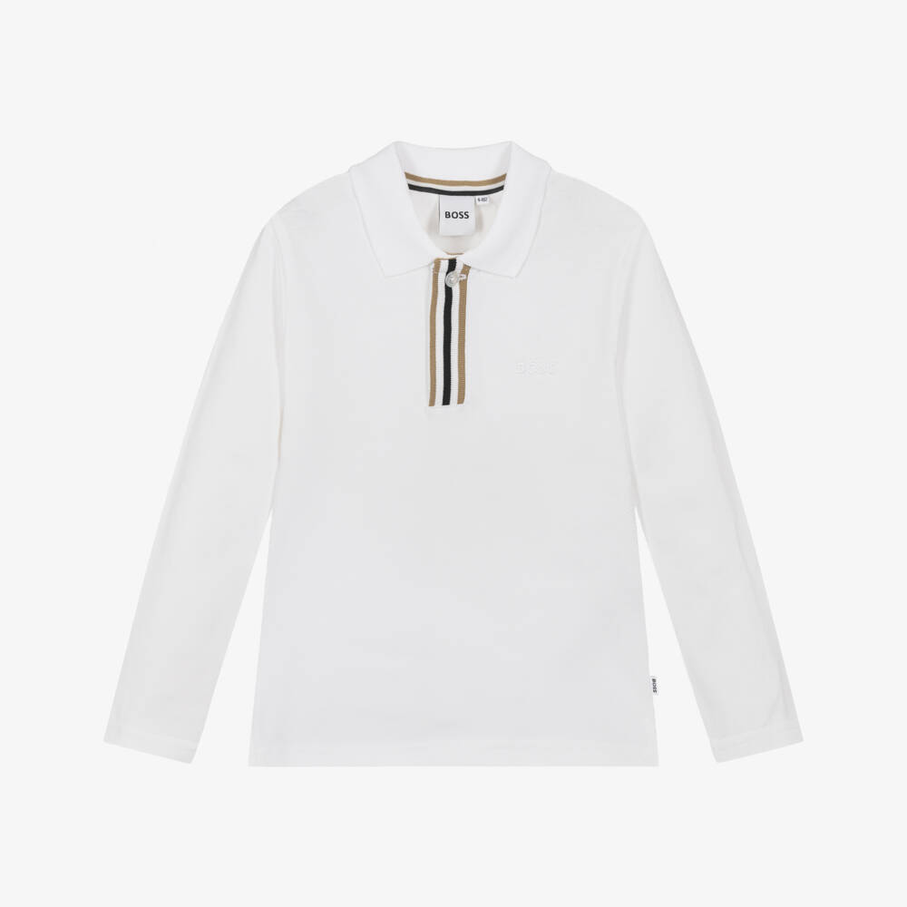 BOSS-Boys White Cotton Long-Sleeved Polo Shirt | Childrensalon Outlet