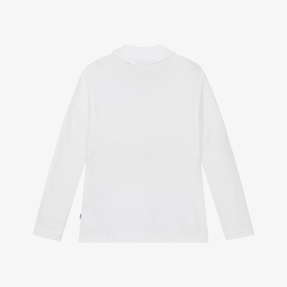 BOSS-Boys White Cotton Long-Sleeved Polo Shirt | Childrensalon Outlet