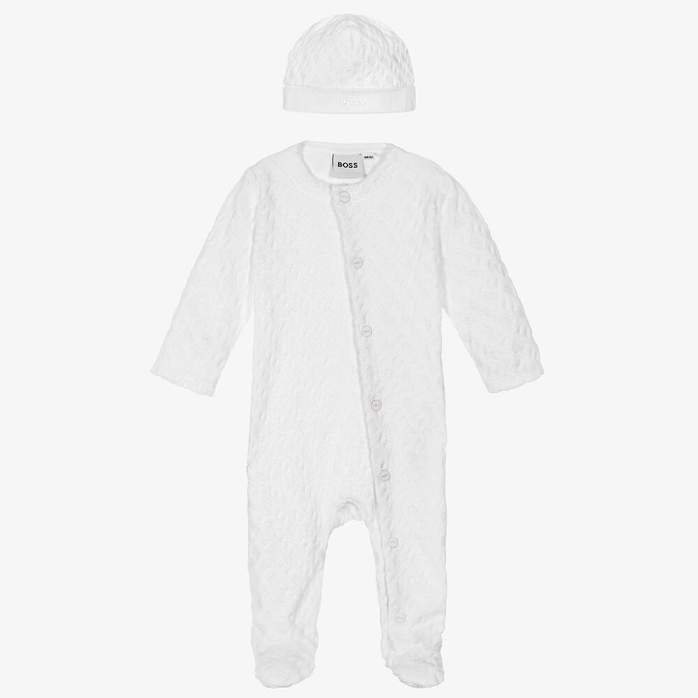 BOSS-Boys White Cotton Monogram Babygrow Set | Childrensalon Outlet