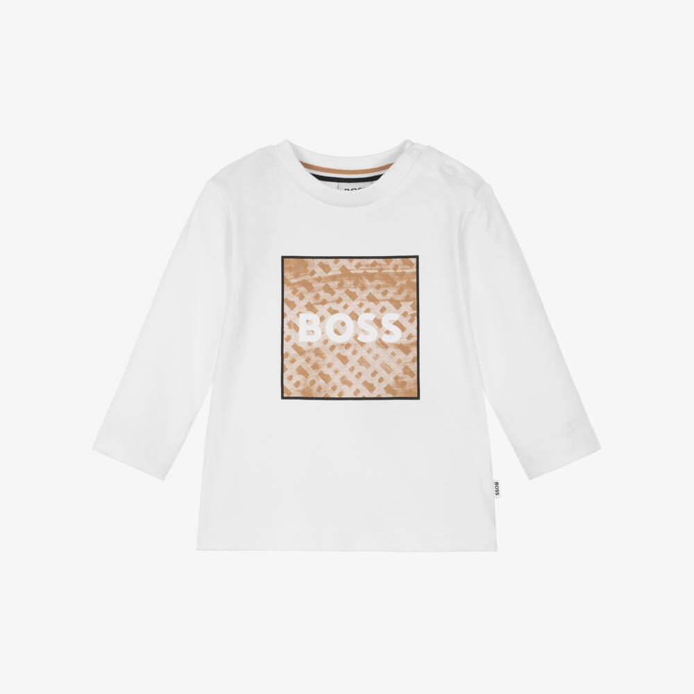 BOSS-Boys White Cotton Monogram Box Logo Top | Childrensalon Outlet
