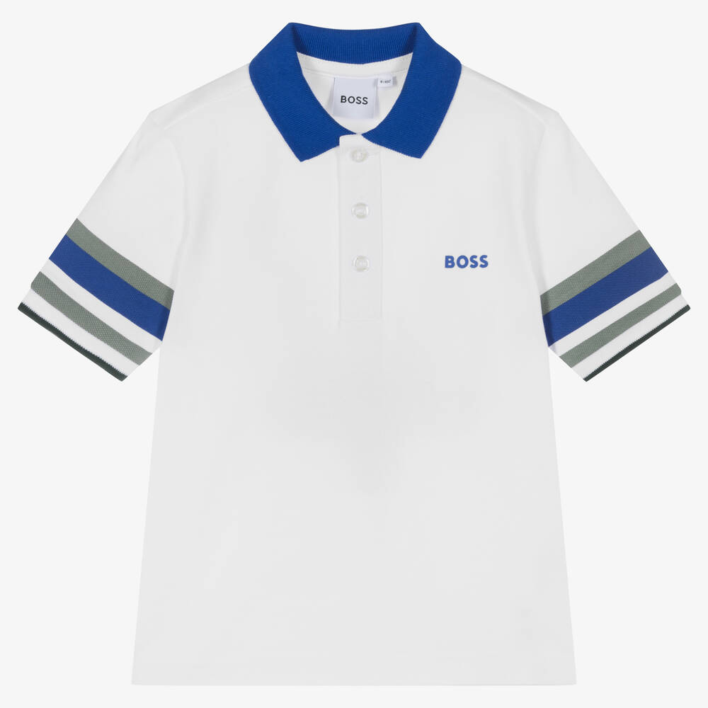 BOSS - Boys White Cotton Piqué Logo Polo Shirt | Childrensalon
