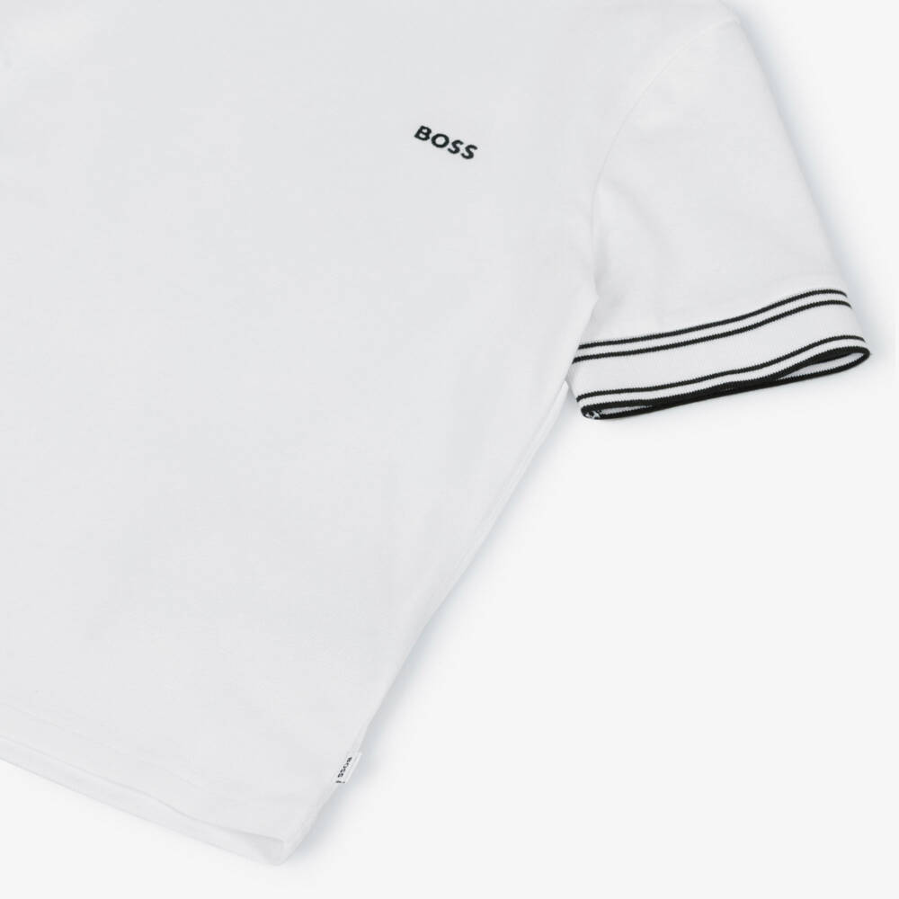 BOSS-Boys White Cotton Piqué Logo T-Shirt | Childrensalon Outlet