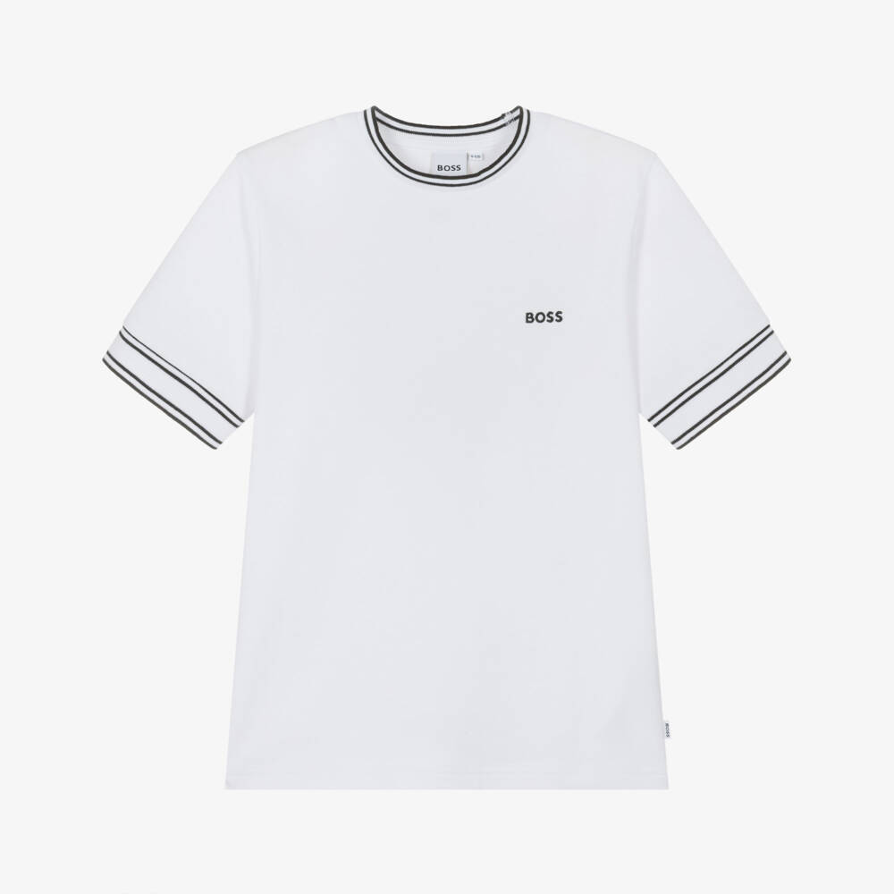 BOSS-Boys White Cotton Piqué Logo T-Shirt | Childrensalon Outlet